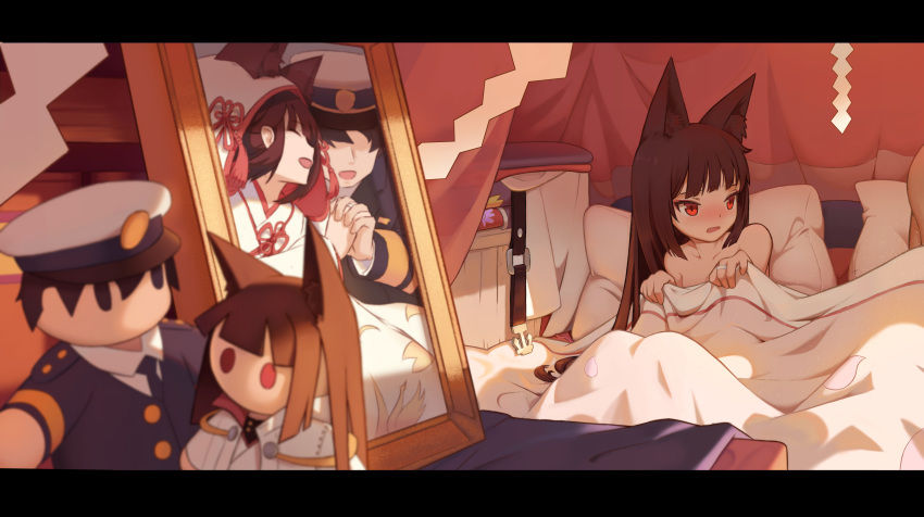 1boy 1girl :d ^_^ ^o^ absurdres animal_ears azur_lane bangs bare_shoulders bed bed_sheet belt blanket blanket_grab blunt_bangs blush character_doll closed_eyes collarbone commander_(azur_lane) commentary_request dalian_(1457091741) dress embarrassed eyebrows_visible_through_hair fox_ears furisode hat highres holding_blanket holding_hands japanese_clothes kimono long_hair looking_to_the_side military military_uniform nagato_(azur_lane) nagato_(guardian_fox's_shining_furisode)_(azur_lane) naval_uniform open_mouth out_of_frame peaked_cap photo_(object) pillow sidelocks smile uniform wedding_dress wedding_photo