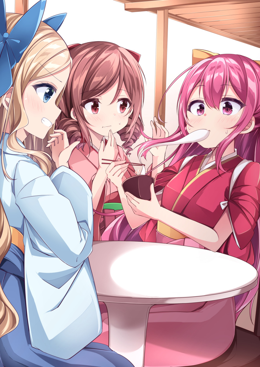 3girls absurdres acchii_(akina) asakaze_(kantai_collection) blonde_hair blue_bow blue_eyes blue_hakama blue_kimono blue_ribbon blush bow brown_hair chopsticks eating hair_bow hair_ribbon hakama harukaze_(kantai_collection) highres japanese_clothes kamikaze_(kantai_collection) kantai_collection kimono long_hair meiji_schoolgirl_uniform mochi multiple_girls pink_hakama pink_kimono purple_eyes purple_hair red_bow red_eyes red_hakama red_kimono red_ribbon ribbon table tasuki very_long_hair yellow_bow yellow_ribbon