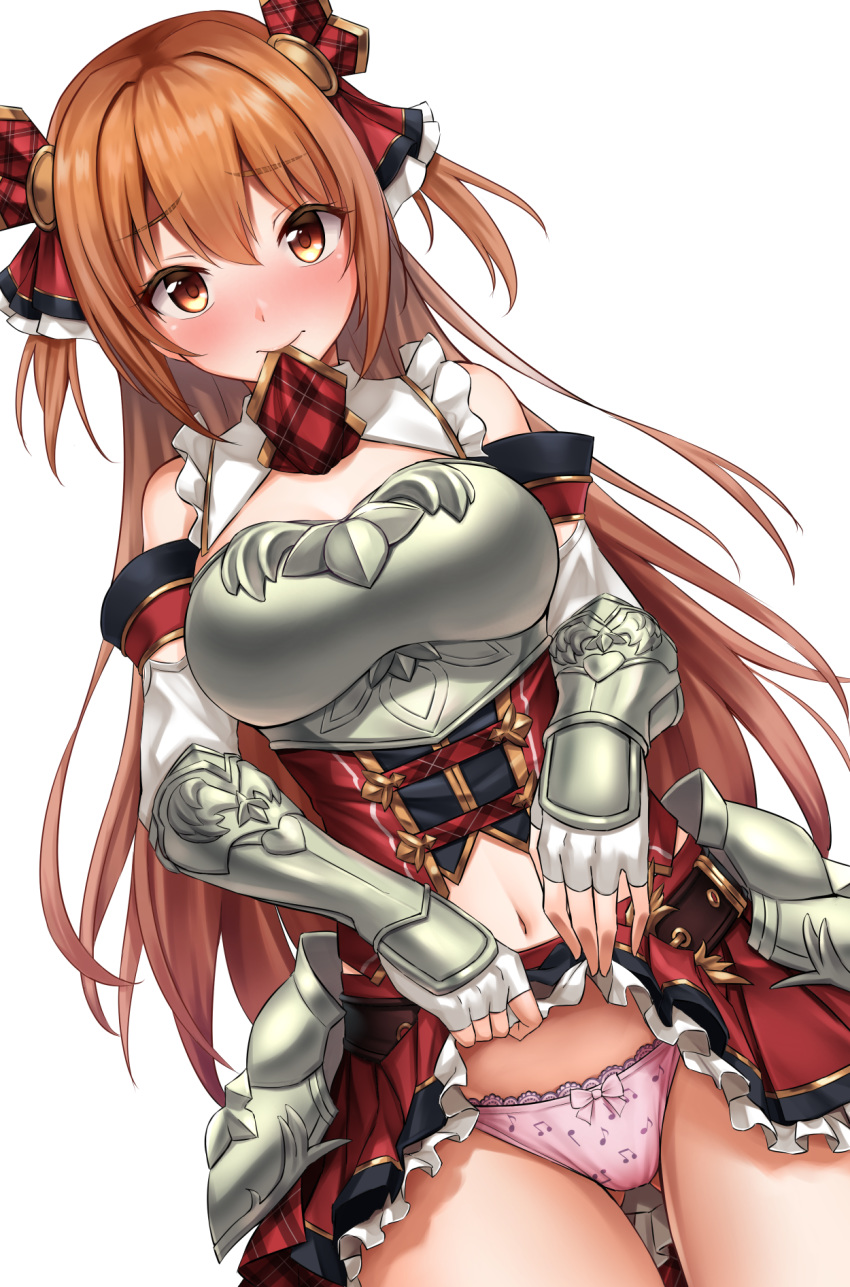 1girl arm_guards armor ass_visible_through_thighs bare_shoulders blush bow bow_panties breastplate breasts brown_hair cleavage closed_mouth corset dutch_angle elbow_gloves faulds fingerless_gloves frilled_skirt frills gloves hair_ribbon highres lifted_by_self looking_at_viewer medium_breasts miniskirt musical_note musical_note_print necktie nozomi_(princess_connect!) panties pink_bow pink_panties plaid_neckwear princess_connect! princess_connect!_re:dive print_panties red_eyes red_neckwear red_ribbon red_skirt ribbon skirt skirt_lift solo tonelico1213 two_side_up underwear white_gloves