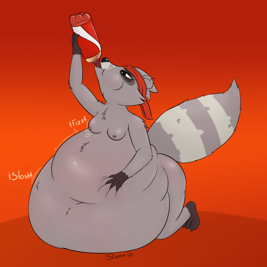 1:1 absurd_res accessory anthro belly belly_expansion beverage big_belly breasts cheek_bulge drinking electronic_arts expansion female hand_on_stomach headband hi_res hyper hyper_belly inflation mammal motion_lines obese obese_anthro obese_female overweight overweight_anthro overweight_female peggle popcap_games procyonid raccoon roxy_raccoon short_stack skindentation small_breasts soda soda_bottle solo sound_effects stamin-up stuffing video_games weight_gain