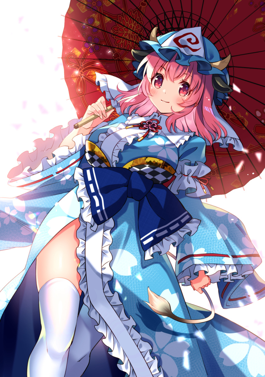 1girl absurdres animal_ears blue_kimono breasts closed_mouth cow_ears cow_horns cow_tail fake_animal_ears fake_horns fake_tail frilled_kimono frills hat highres holding holding_umbrella horns japanese_clothes kapuchii kimono light_smile long_sleeves looking_at_viewer medium_breasts mob_cap obi oil-paper_umbrella pink_eyes pink_hair saigyouji_yuyuko sash short_hair simple_background smile solo standing tail thighhighs touhou triangular_headpiece umbrella white_background white_legwear wide_sleeves