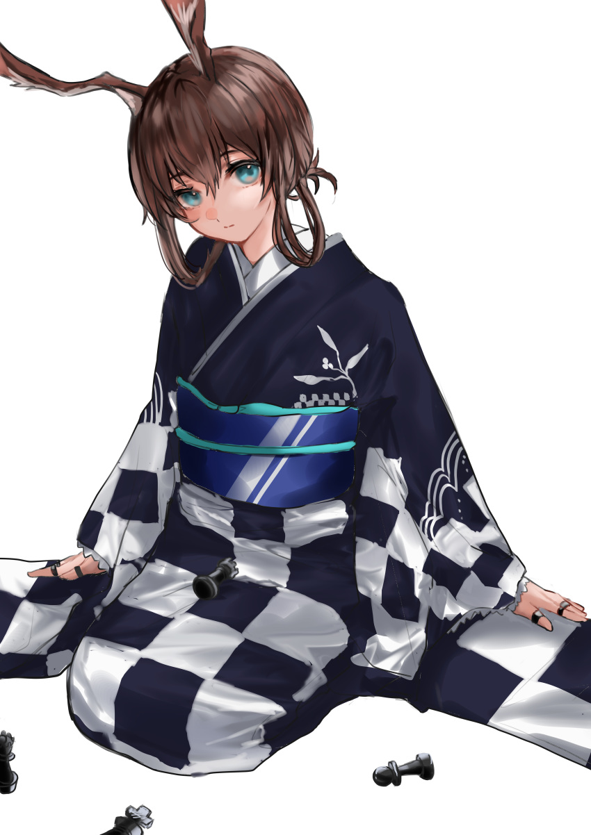 1girl absurdres alternate_costume alternate_hairstyle amiya_(arknights) animal_ears arknights arms_at_sides blue_eyes brown_hair bunny_ears bunny_girl checkered checkered_kimono chess_piece full_body hair_rings highres japanese_clothes jewelry kimono king_(chess) long_sleeves looking_at_viewer maria_(syake-uni) obi pawn_(chess) queen_(chess) ring rook_(chess) sash seiza short_hair sitting solo