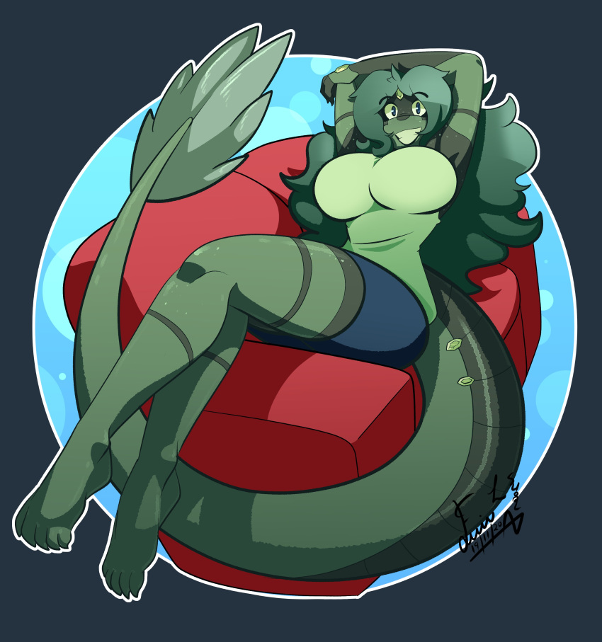 absurd_res anthro arms_above_head breasts female fish furniture green_teeth hands_over_head hi_res looking_at_viewer marine non-mammal_breasts shoolmail smile smiling_at_viewer sofa solo