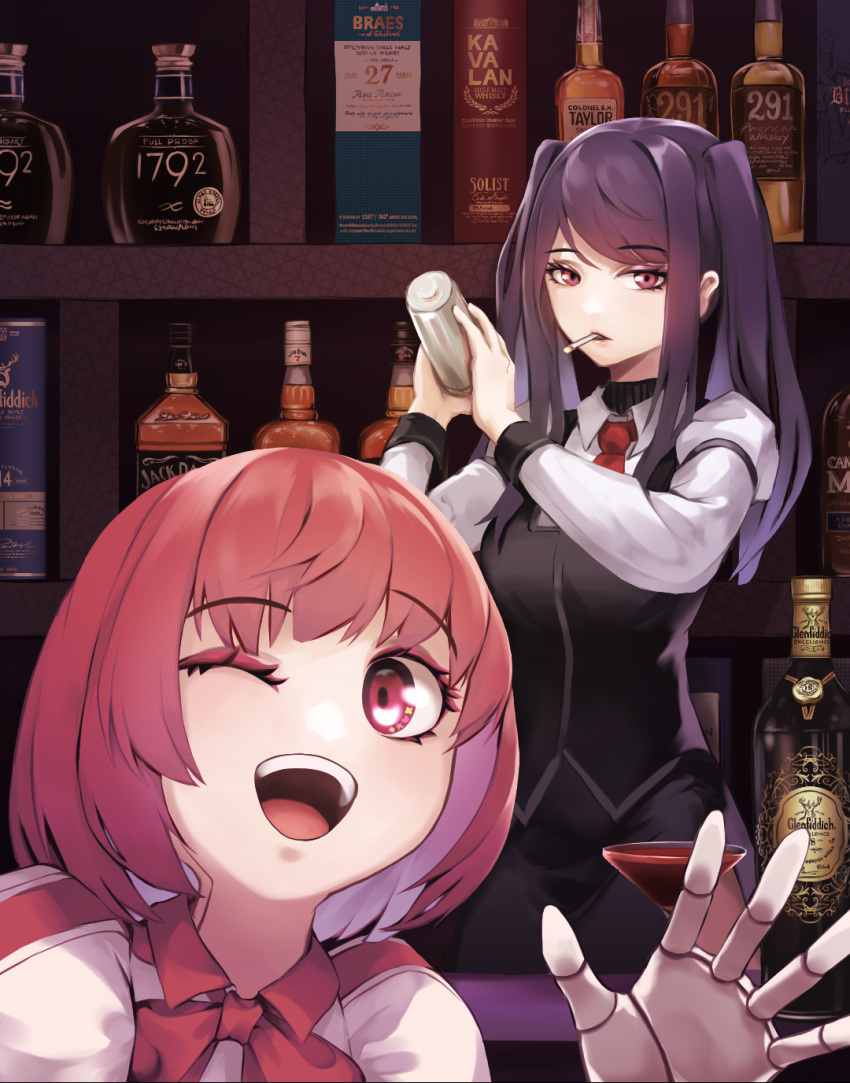 2girls :d akawoud alcohol bangs black_hair bottle bow cigarette dorothy_haze glass highres jack_daniel's jill_stingray miniskirt multiple_girls necktie open_mouth red_eyes red_hair shaker shirt sidelocks skirt smile twintails va-11_hall-a vest whiskey