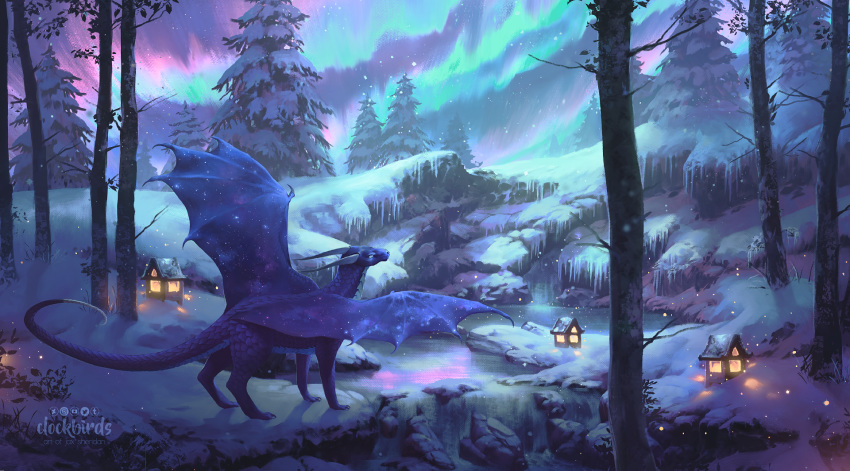 2020 claws clockbirds detailed_background digital_media_(artwork) dragon hi_res horn membrane_(anatomy) membranous_wings night outside plant purple_body purple_scales scales scalie sky snow star starry_sky tree western_dragon wings