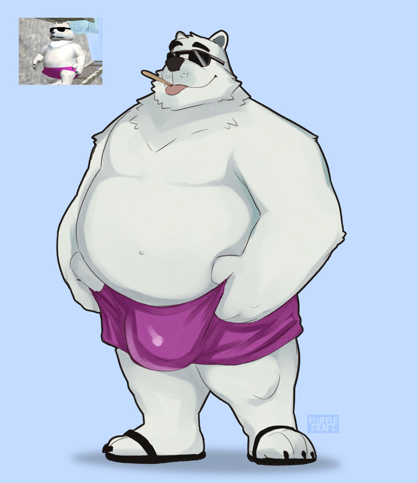 2021 anthro belly big_bulge blue_background bottomwear bulge clothed clothing eyewear flufflecraft footwear fur hi_res ice_climber male mammal navel nintendo overweight overweight_anthro overweight_male polar_bear polar_bear_(ice_climber) sandals shorts simple_background smile solo sunglasses tongue tongue_out topless topless_male ursid ursine video_games white_body white_fur