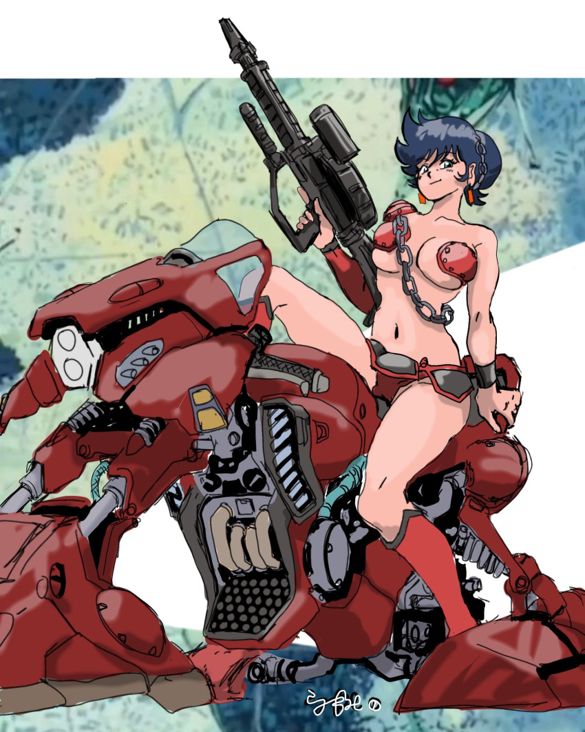 1girl benten blue_hair breasts chain cleavage green_eyes ground_vehicle gun hair_bun highres holding holding_gun holding_weapon looking_down medium_breasts metal_bikini motor_vehicle motorcycle navel science_fiction shisaton. single_pauldron sitting smile solo underboob urusei_yatsura weapon