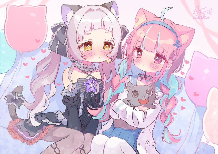 2girls ahoge ame_usako animal animal_ear_fluff animal_ears animal_hug bangs banned_artist bare_shoulders black_bow black_dress black_sleeves blue_hair blue_hairband blue_sailor_collar blue_skirt blush bow braid breasts brown_eyes brown_legwear cat cat_ears cat_girl cat_tail closed_mouth commentary_request criss-cross_halter detached_sleeves dress dutch_angle eyebrows_visible_through_hair feet_out_of_frame frilled_bow frilled_dress frilled_sailor_collar frills grey_hair hairband halterneck heart hololive jacket juliet_sleeves long_hair long_sleeves medium_breasts minato_aqua multicolored_hair multiple_girls murasaki_shion neko_(minato_aqua) open_clothes open_jacket pantyhose pink_hair pleated_skirt puffy_sleeves purple_eyes sailor_collar shirt sitting skirt sleeves_past_wrists tail tail_bow tail_ornament twin_braids twintails two-tone_hair very_long_hair virtual_youtuber white_jacket white_legwear white_shirt
