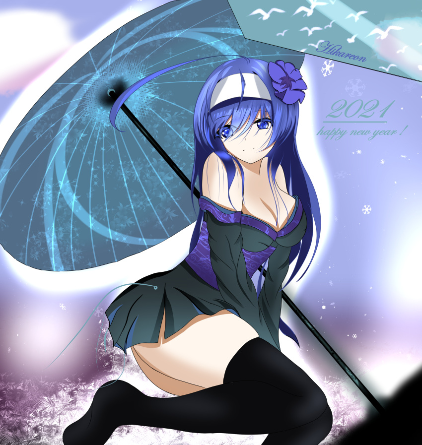 2021 absurdres ahoge blue_eyes breasts emi_mi16 hairband highres japanese_clothes orie_(under_night_in-birth) purple_hair skirt snowflakes thighhighs thighs umbrella under_night_in-birth