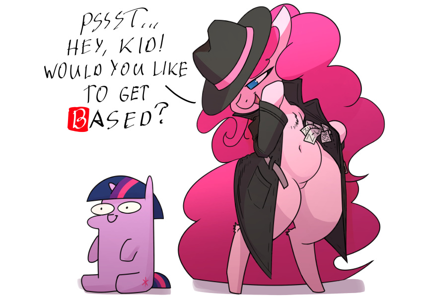 absurd_res clothing coat dialogue english_text equid equine fedora female friendship_is_magic fur hair hasbro hat headgear headwear hi_res horn horse mammal my_little_pony pink_body pink_fur pink_hair pinkie_pie_(mlp) pony purple_body purple_fur purple_hair text topwear trenchcoat twilight_sparkle_(mlp) underpable unicorn