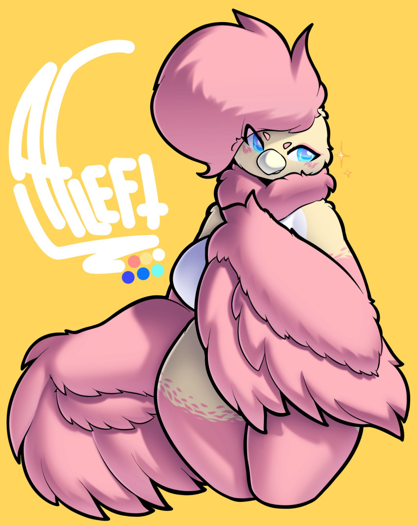 alwaysfaceleft anthro avian bird blue_eyes breasts feathers featureless_breasts female hi_res looking_aside non-mammal_breasts pink_body pink_feather_hair pink_feathers solo thick_thighs