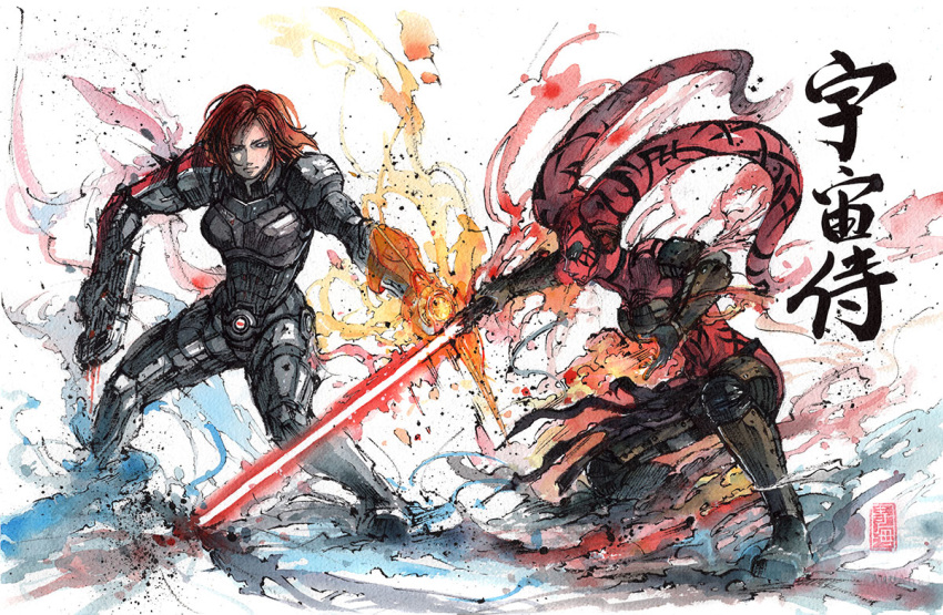 2girls alien colored_skin commander_shepard commander_shepard_(female) commission crossover darth_talon energy_sword english_commentary fighting fire gun handgun holding holding_gun holding_weapon lightsaber mass_effect multiple_girls mycks pistol red_hair red_skin science_fiction sith star_wars sword tentacle_hair traditional_media twi'lek watercolor_(medium) weapon wrist_blades