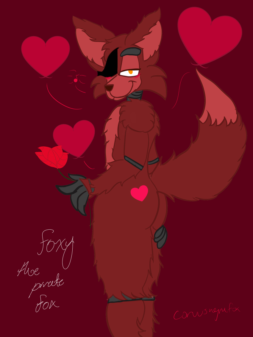 &lt;3 3:4 absurd_res animatronic anthro brown_nose butt canid canine corvusthefox eye_patch eyewear five_nights_at_freddy's flower fox foxy_(fnaf) fur hand_on_butt heart_on_butt hi_res machine male mammal plant presenting presenting_hindquarters raised_tail red_body red_fur robot rose_(flower) smile solo video_games