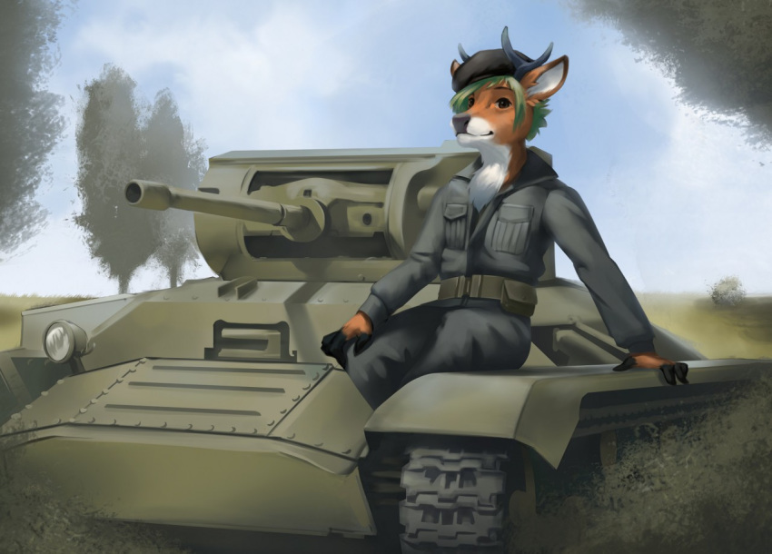 2019 anthro black_nose brown_eyes cervid chest_tuft clothed clothing cloud cloudscape detailed_background eyebrows fully_clothed fur grass green_hair hair horn landscape looking_at_viewer mammal military military_clothing military_jacket military_pants military_uniform military_vehicle orange_body orange_fur pimpartist plant shrub sitting sky tank traditional_media_(artwork) tree tuft uniform vehicle white_body white_fur white_tuft world_war_2