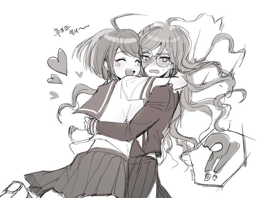 !? 16_(0xhsk16) 2girls :d ahoge bangs blush closed_eyes commentary_request danganronpa_(series) danganronpa_another_episode:_ultra_despair_girls from_side fukawa_touko glasses greyscale hair_between_eyes happy heart hug long_hair long_sleeves messy_hair monochrome multiple_girls naegi_komaru open_mouth pleated_skirt round_eyewear sailor_collar school_uniform serafuku shirt short_hair short_sleeves sideways_glance sketch skirt smile translation_request yuri