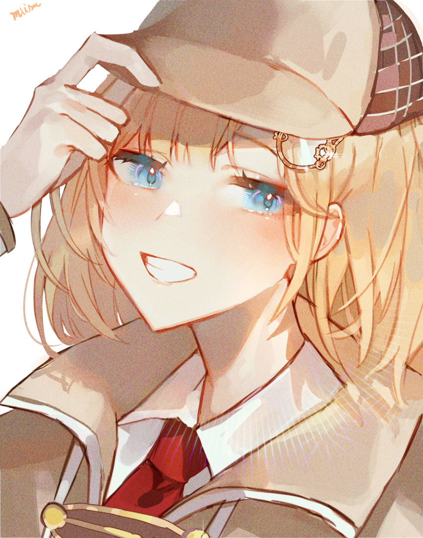 1girl bangs blonde_hair blue_eyes capelet close-up collared_shirt deerstalker hair_behind_ear hat highres hololive hololive_english looking_down medium_hair misu_(miisuuu) necktie red_neckwear shirt smile solo virtual_youtuber watson_amelia white_background