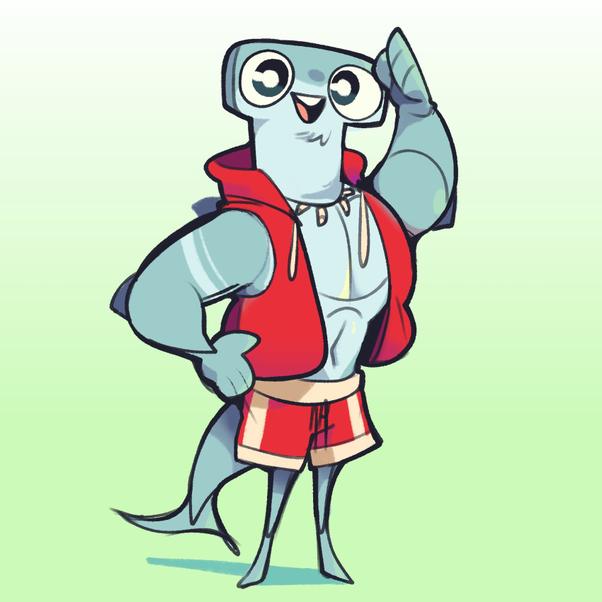 1:1 2020 anthro big_eyes blue_background clothed clothing fish gradient_background ground_shark hammerhead_shark hand_on_hip hi_res hoodie jewelry lifeguard male marine necklace open_clothing open_hoodie open_mouth open_smile open_topwear scraffyraccoon shark simple_background sleeveless_hoodie smile solo standing swimming_trunks swimwear topwear white_background