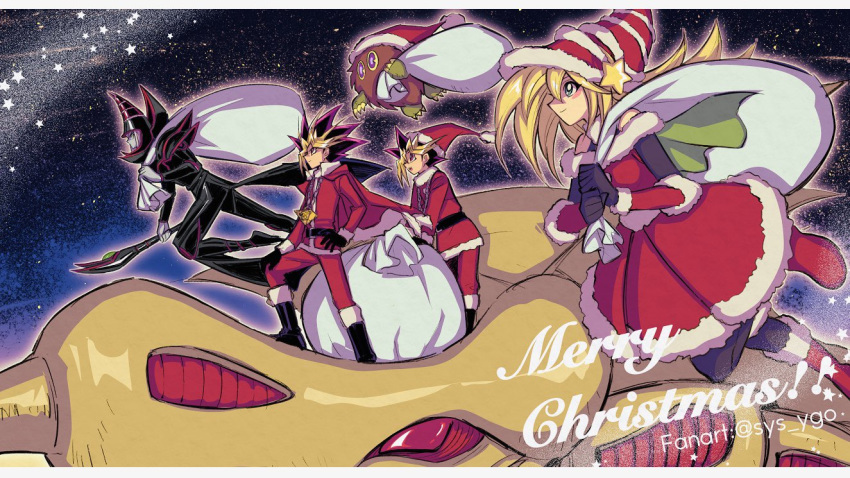 1girl 3boys artist_name black_footwear blonde_hair boots christmas commentary curse_of_dragon dark_magician dark_magician_girl duel_monster fur-trimmed_footwear fur-trimmed_headwear hat holding jewelry kuriboh long_sleeves merry_christmas millennium_puzzle multicolored_hair multiple_boys mutou_yuugi necklace red_headwear sack santa_costume santa_hat soya_(sys_ygo) spiked_hair staff standing yami_yuugi yu-gi-oh! yu-gi-oh!_duel_monsters