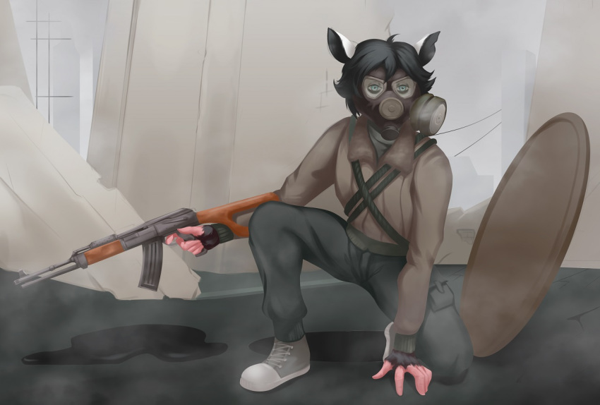 2019 ak-47 anthro assault_rifle black_hair blue_eyes bottomwear city cityscape clothed clothing detailed_background didelphid footwear fully_clothed gas_mask gloves gun hair handwear holding_object holding_weapon kneeling_on_one_leg looking_at_viewer male mammal manhole manhole_cover marsupial mask metro_2033 narrowed_eyes pants pimpartist ranged_weapon rifle ruins shirt shoes solo squint topwear traditional_media_(artwork) weapon