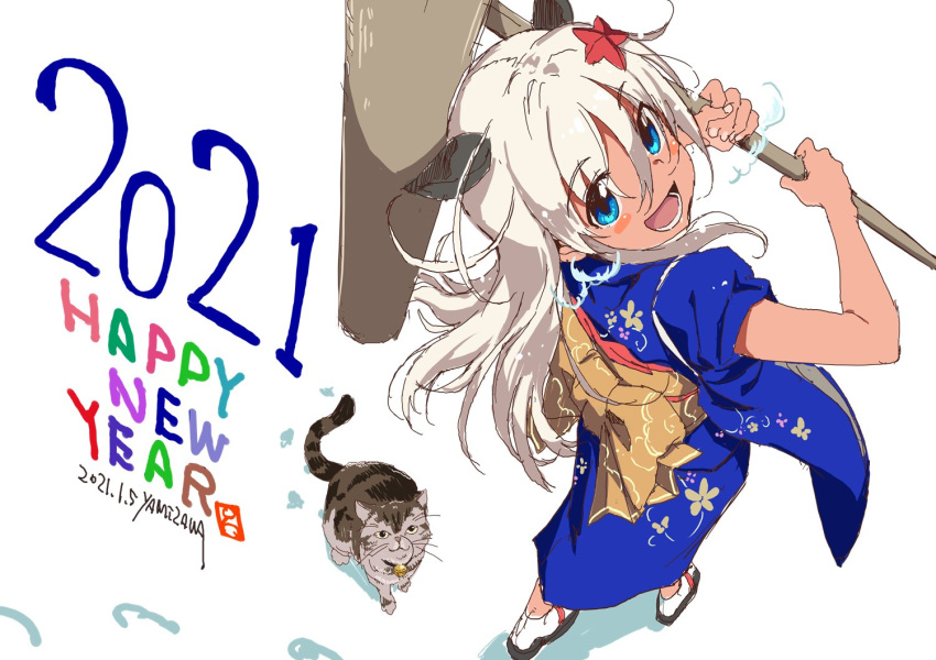 1girl 2021 :d alternate_costume animal artist_name blonde_hair blue_eyes blush breath cat commentary_request dated flower from_above geta hair_between_eyes hair_flower hair_ornament hammer happy_new_year japanese_clothes jinkai_yamizawa kantai_collection kimono long_hair looking_at_viewer mochitsuki new_year obi open_mouth ro-500_(kantai_collection) sandals sash signature smile solo tabi tan tasuki white_hair winter