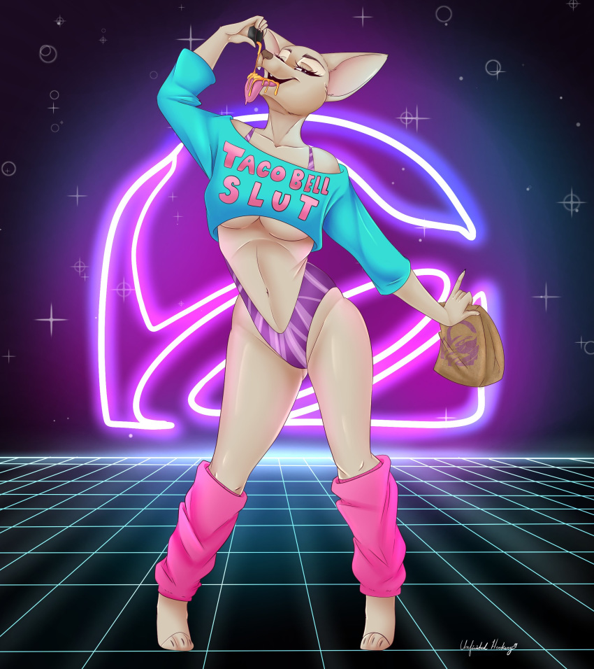 2019 80's_theme absurd_res anthro breasts canid canine canis cheese chihuahua clothed clothing crop_top dairy_products domestic_dog eating english_text fast_food female food food_fetish full-length_portrait gidget_(taco_bell) hi_res leg_warmers legwear looking_at_viewer mammal mascot narrowed_eyes portrait shirt solo squint suggestive suggestive_food taco_bell text tongue tongue_out topwear toy_dog under_boob unfinishedheckery