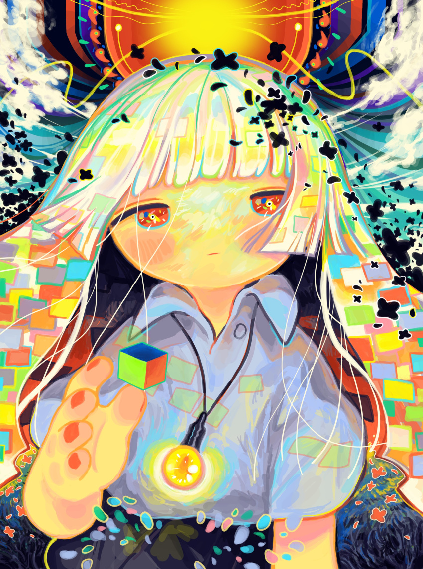 1girl abstract absurdres antennae bangs blunt_bangs blush cloud collared_shirt cube expressionless glowing hand_up highres jewelry looking_at_viewer multicolored_hair necklace original red_eyes red_nails shirt short_sleeves sizucomaru solo upper_body white_shirt