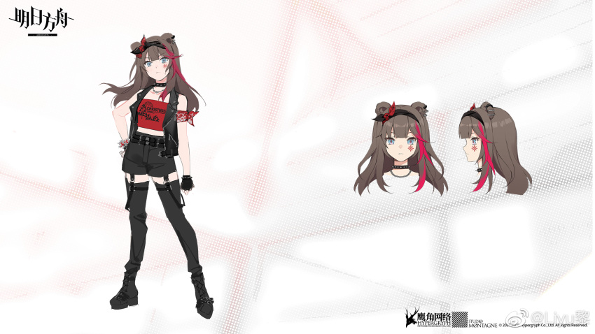1girl animal_ears arknights bangs bare_arms bare_shoulders bear_ears black_choker black_footwear black_legwear black_shorts black_vest blue_eyes boots choker commentary copyright_name eyebrows_visible_through_hair full_body grey_hair hand_on_hip head_tilt highres liyu_li long_hair looking_at_viewer midriff multicolored_hair multiple_views official_alternate_costume official_art open_clothes open_vest red_hair shorts spiked_choker spikes standing strapless streaked_hair thighhighs tubetop vest weibo_username zima_(arknights)