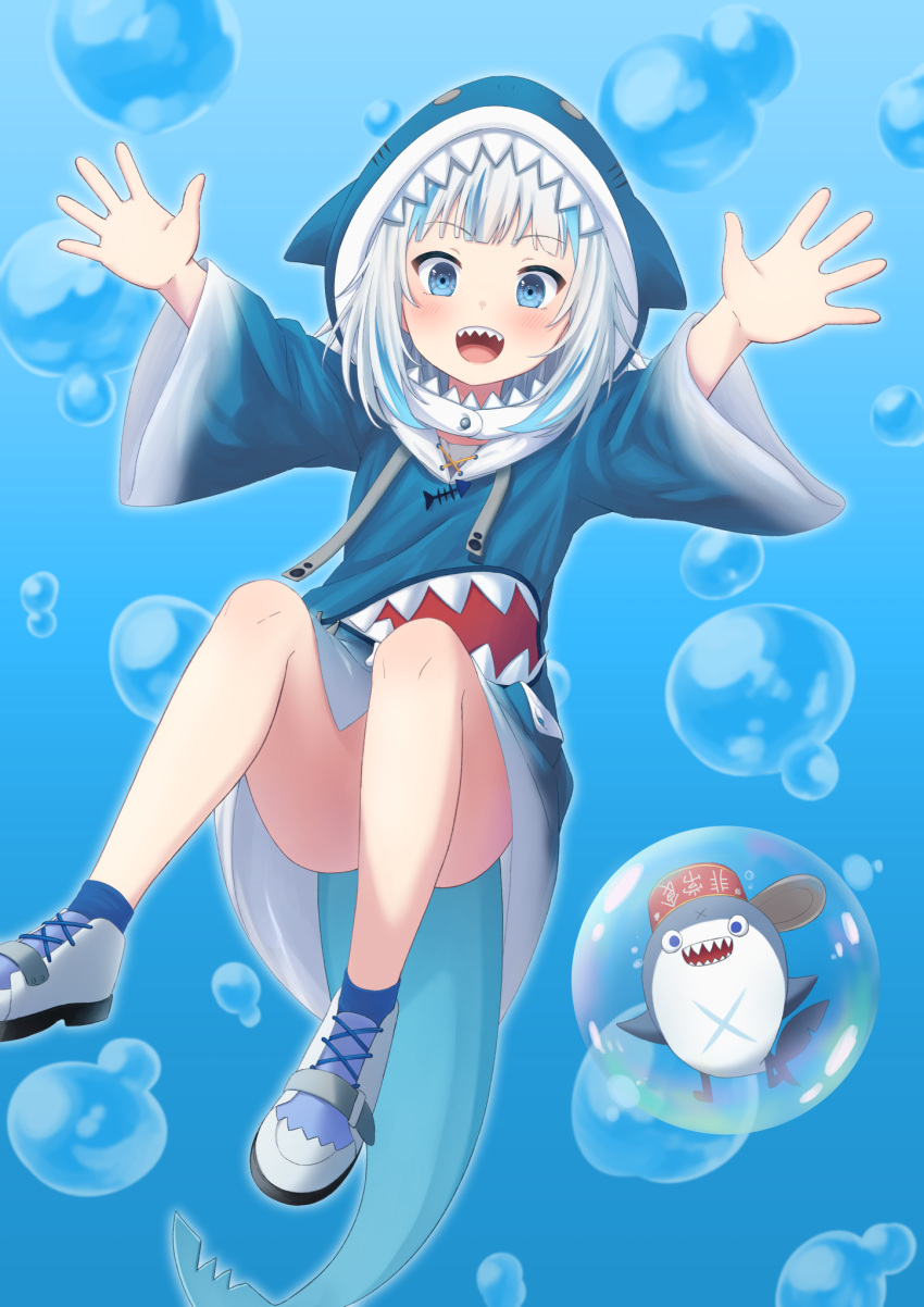 1girl :d animal_hood bangs bloop_(gawr_gura) blue_background blue_eyes blue_hoodie blue_legwear blunt_bangs blush bubble bubble_background commentary_request convenient_leg cross-laced_clothes eyebrows_visible_through_hair fish_bone fish_tail flat_chest floating foot_out_of_frame gawr_gura gradient gradient_background gradient_clothes highres hololive hololive_english hood hoodie knees_up long_sleeves looking_at_viewer medium_hair multicolored_hair omaehadareda-uso open_mouth outstretched_arms shark_hood shark_tail sharp_teeth shoes sidelocks silver_hair simple_background smile sneakers solo streaked_hair tail teeth upper_teeth virtual_youtuber wide-eyed