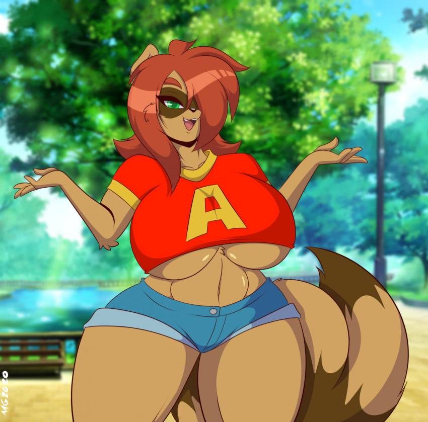 bench big_breasts bottomwear breasts clothing cutoffs denim denim_clothing female hi_res jeans lake lap looking_at_viewer mammal mastergodai midriff pants park plant pond procyonid raccoon short_jeans shorts smile smiling_at_viewer solo tree under_boob