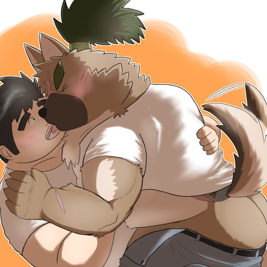 1:1 2021 anthro belly blush bottomwear brown_body brown_fur butt canid canine canis chubby_protagonist_(tas) clothing domestic_dog duo eyes_closed fur hi_res hug human humanoid_hands kemono kissing male male/male mammal mohumohudansi overweight overweight_male pants protagonist_(tas) shirt tokyo_afterschool_summoners topwear video_games yasuyori