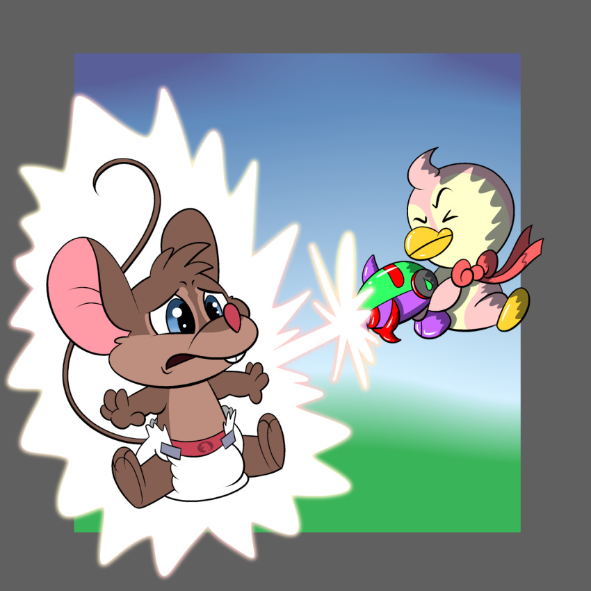 1:1 age_regression bruce_(neopets) diaper hi_res jumpstart_games laser mammal mouse murid murine neopet_(species) neopets ray_gun rodent trevor-fox trevor-fox_(character) video_games