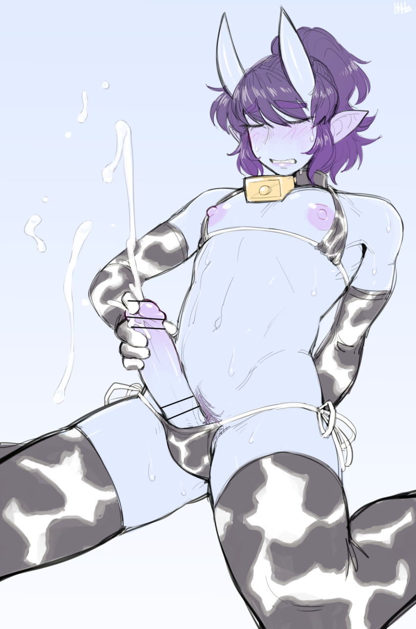 1boy animal_print artist_name bangs bar_censor bare_shoulders bell bell_collar bikini blue_background blue_skin blush censored clenched_teeth closed_eyes collar colored_skin commentary cow_print cowbell cum ejaculation elbow_gloves erection eyebrows_visible_through_hair gloves hair_between_eyes highres horns ittla kyou_(ittla) male_focus male_masturbation male_pubic_hair masturbation nipples oni oni_horns original otoko_no_ko penis penis_in_swimsuit pointy_ears ponytail print_bikini print_gloves print_legwear projectile_cum pubic_hair purple_hair purple_pubic_hair sharp_teeth side-tie_bikini simple_background skin-covered_horns solo stomach string_bikini sweat swimsuit teeth thick_eyebrows thighhighs