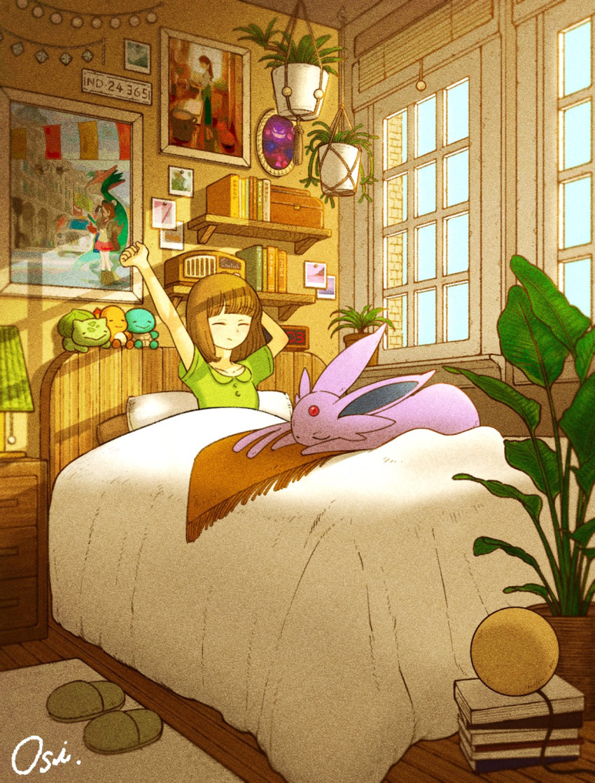 1girl annotated arm_up artist_name bangs bed bedroom blunt_bangs bob_cut book brown_hair bulbasaur charizard closed_eyes commentary day espeon film_grain gen_1_pokemon gen_2_pokemon gloria_(pokemon) green_shirt highres indoors lamp medium_hair on_bed oshiruko_(oshiruko_s2) pajamas picture_(object) plant pokemon potted_plant sandals shirt short_sleeves signature sitting smile solo squirtle starter_pokemon_trio stretch stuffed_animal stuffed_toy symbol_commentary under_covers waking_up window