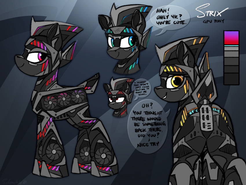 2021 4:3 absurd_res dialogue english_text fan_character feral hasbro hi_res looking_at_viewer looking_back machine model_sheet my_little_pony rear_view robot selenophile side_view smile speech_bubble text
