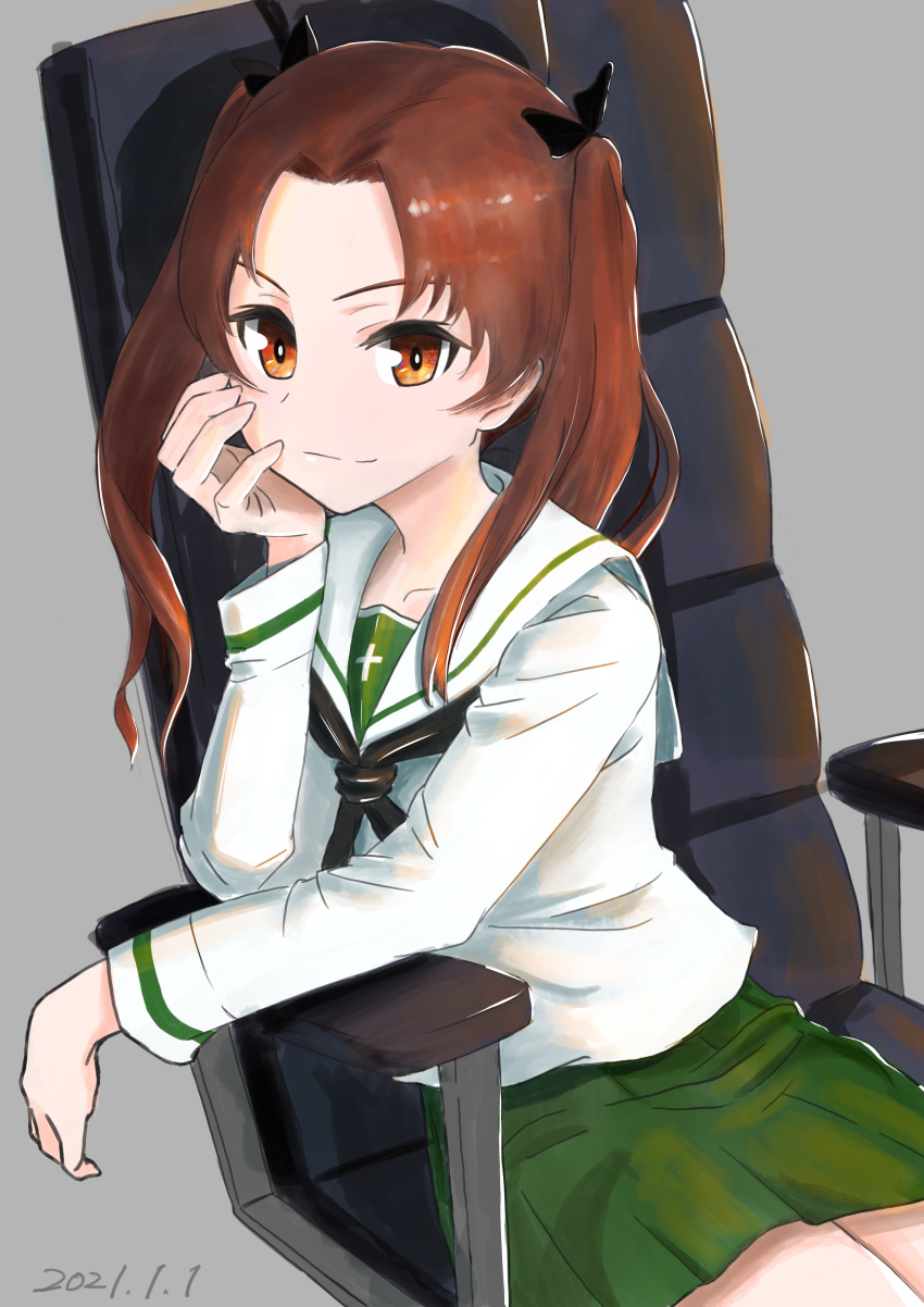 1girl absurdres bangs black_bow black_neckwear blouse bow brown_eyes brown_hair chair closed_mouth commentary dated elbow_rest girls_und_panzer green_skirt hair_bow head_rest highres kadotani_anzu long_hair long_sleeves looking_at_viewer miniskirt neckerchief office_chair ooarai_school_uniform oritako parted_bangs pleated_skirt sailor_collar school_uniform serafuku simple_background sitting skirt smile solo twintails white_blouse white_sailor_collar