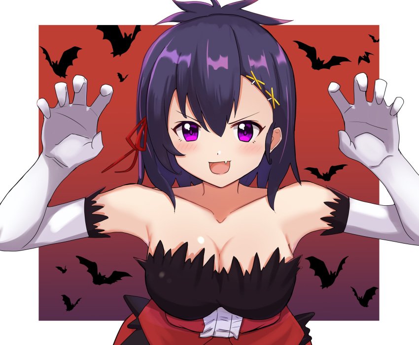 1girl :d absurdres ao_(flowerclasse) bare_shoulders bat blush breasts claw_pose cleavage commentary_request cosplay dress elbow_gloves fang feather-trimmed_gloves feather_trim frilled_dress frills gabriel_dropout gloves hair_between_eyes hair_ornament hair_ribbon hairclip hands_up highres kiss-shot_acerola-orion_heart-under-blade kiss-shot_acerola-orion_heart-under-blade_(cosplay) kizumonogatari large_breasts looking_at_viewer medium_breasts medium_hair monogatari_(series) open_mouth purple_eyes purple_hair red_dress red_ribbon ribbon sleeveless sleeveless_dress smile smug solo strapless strapless_dress tsukinose_vignette_april upper_body white_gloves x_hair_ornament