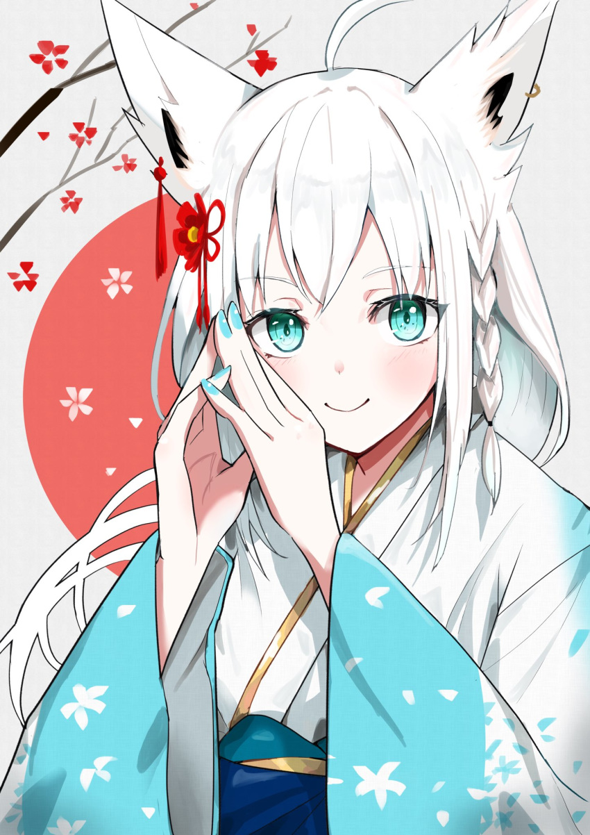 1girl ahoge animal_ears blue_kimono blush braid closed_mouth commentary eyebrows_visible_through_hair fingers_together fox_ears grey_background hair_ornament hands_together highres hololive japanese_clothes kimono light_blue_eyes long_hair looking_at_viewer multicolored multicolored_clothes multicolored_kimono obi red_background rising_sun sash shirakami_fubuki side_braid simple_background single_braid smile solo sunburst tsukitoinu upper_body virtual_youtuber white_hair white_kimono wide_sleeves