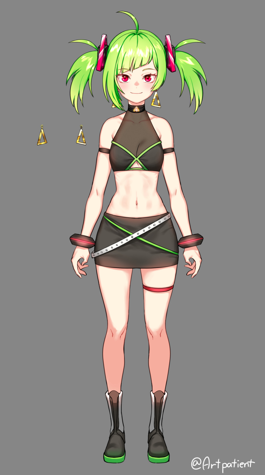 1girl absurdres ahoge artist_name artpatient bangs black_skirt bracelet breasts clothing_cutout crop_top delutaya earrings eyebrows_visible_through_hair gold_earrings green_hair grey_background highres indie_virtual_youtuber jewelry looking_at_viewer red_eyes short_twintails skirt small_breasts smile solo standing thigh_strap triangle_earrings twintails underboob_cutout virtual_youtuber
