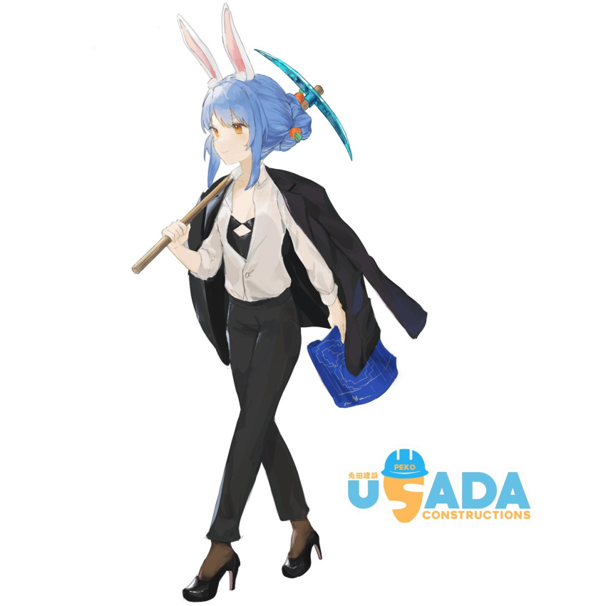 1girl adapted_costume alternate_hairstyle animal_ears blue_hair blueprint breasts brown_hair brown_legwear bunny_ears business_suit carrot diamond_pickaxe dress_shirt formal hair_up high_heels highres holding_blueprints holding_pickaxe hololive jacket jacket_on_shoulders leotard_under_clothes logo minecraft nana_keki open_clothes open_shirt pants pantyhose pickaxe shirt short_hair_with_long_locks sidelocks simple_background small_breasts solo suit usada_kensetsu usada_pekora white_background