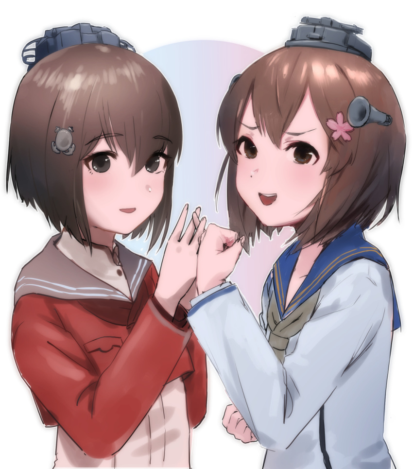 2girls bangs blue_sailor_collar brown_eyes brown_hair dress dual_persona eyebrows_visible_through_hair flower grey_neckwear grey_sailor_collar hair_flower hair_ornament headgear highres kantai_collection long_sleeves multiple_girls neckerchief open_mouth red_neckwear sailor_collar sailor_dress sakieko short_hair simple_background tan_yang_(kantai_collection) yukikaze_(kantai_collection)