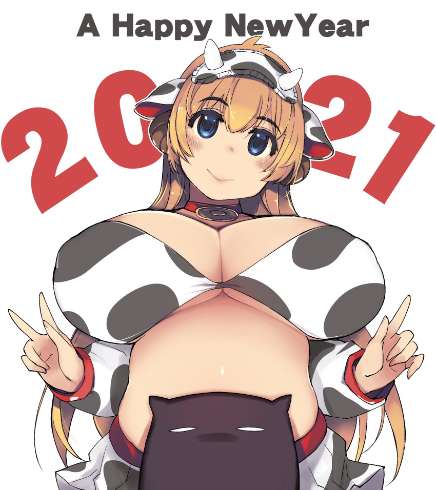 1girl 2021 absurdres animal_costume animal_ears animal_print bangs bell bikini blacksmith_(ragnarok_online) blonde_hair blue_eyes blush breasts chinese_zodiac choker cleavage closed_mouth commentary_request cow_costume cow_ears cow_girl cow_horns cow_print cow_tail cowbell detached_sleeves deviruchi english_text eyebrows_visible_through_hair eyes_visible_through_hair hair_between_eyes highres horns huge_breasts long_hair looking_at_viewer new_year plump print_bikini print_skirt ragnarok_online simple_background skirt smile solo_focus stomach swimsuit tail upper_body v very_long_hair white_background xration year_of_the_ox