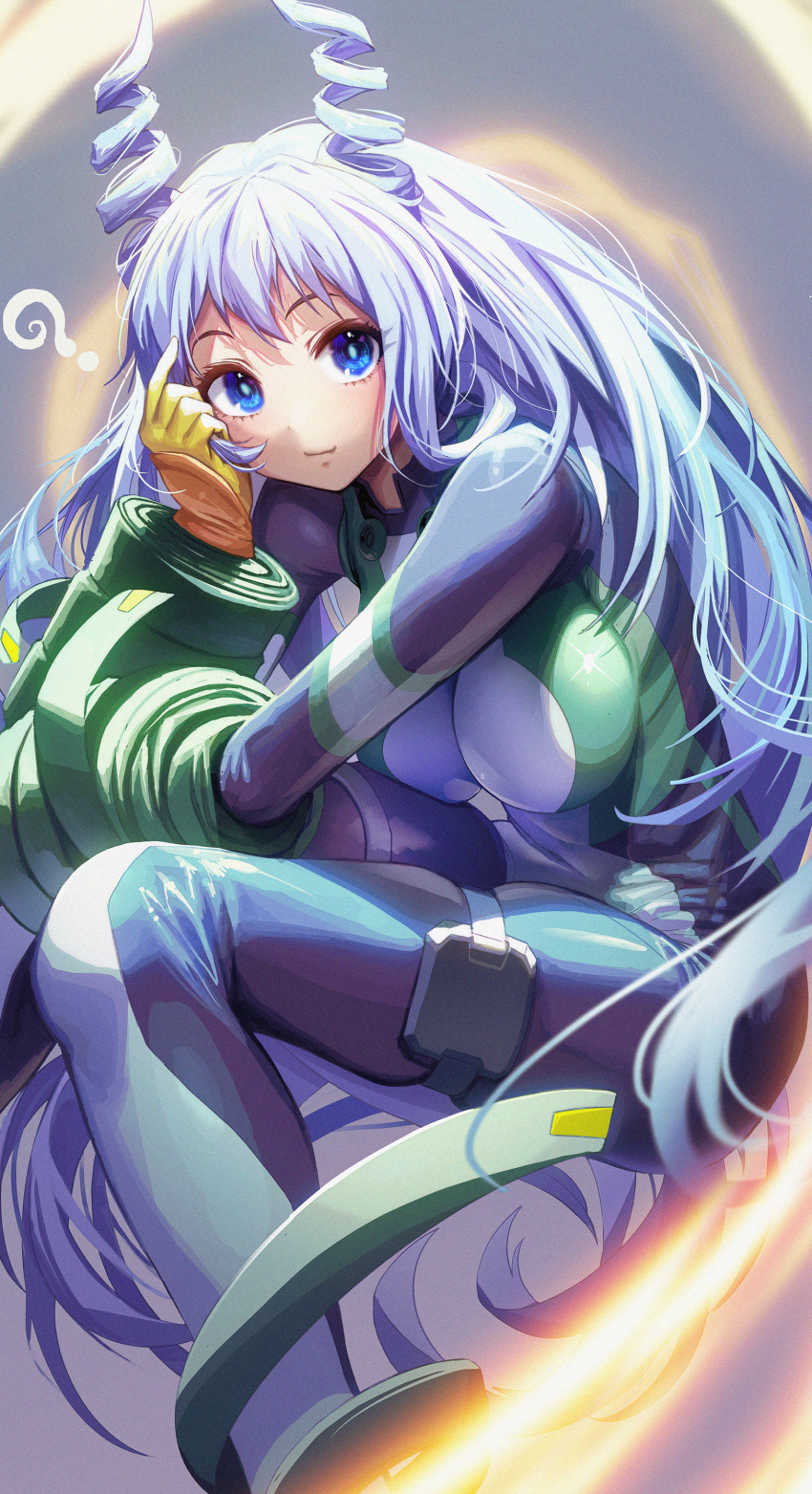 1girl ? absurdres blue_eyes blue_hair bodysuit boku_no_hero_academia breasts closed_mouth commentary_request drill_hair gibagiba gloves green_bodysuit hadou_nejire hair_horns highres large_breasts light_blue_hair long_hair long_sleeves looking_at_viewer smile solo twin_drills very_long_hair yellow_gloves