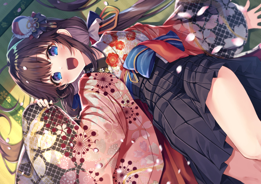1girl :d bangs black_hair black_skirt blue_bow blue_eyes blush bow bun_cover commentary_request eyebrows_visible_through_hair feet_out_of_frame floral_print gurasion_(gurasion) hair_bun hinatsuru_ai japanese_clothes kimono long_hair long_sleeves low_twintails lying obi on_back open_clothes open_mouth petals pleated_skirt print_kimono ryuuou_no_oshigoto! sash side_bun skirt sleeves_past_wrists smile solo twintails very_long_hair white_kimono wide_sleeves