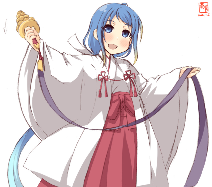 1girl alternate_costume artist_logo bangs bell blue_eyes blue_hair commentary_request dated gradient_hair hakama highres japanese_clothes jingle_bell kagura_suzu kanon_(kurogane_knights) kantai_collection kimono long_hair looking_at_viewer miko multicolored_hair red_hakama ribbon-trimmed_sleeves ribbon_trim samidare_(kantai_collection) simple_background smile solo standing swept_bangs very_long_hair white_background white_kimono wide_sleeves