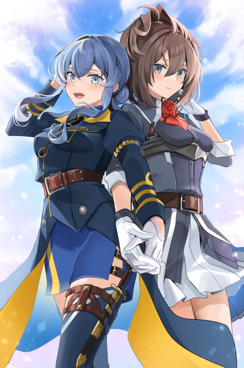 2girls absurdres ascot belt belt_buckle black_neckwear blue_eyes blue_hair blue_shirt blush brown_belt brown_hair buckle closed_mouth collared_shirt day eyebrows_visible_through_hair flower gloves gotland_(kantai_collection) hair_between_eyes half_gloves highres juliet_sleeves kantai_collection long_hair long_sleeves medium_hair messy_hair military military_uniform mole mole_under_eye multiple_girls necktie open_mouth pleated_skirt ponytail puffy_sleeves red_flower red_neckwear red_rose remodel_(kantai_collection) rose sheffield_(kantai_collection) shirt skirt smile uniform white_gloves white_skirt yunamaro