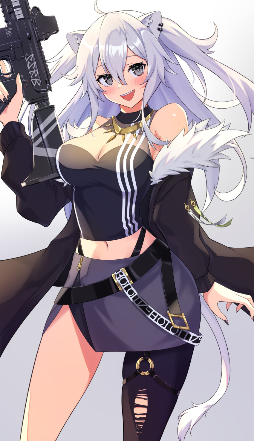 1girl absurdres animal_ears assault_rifle bangs bare_shoulders black_jacket black_legwear black_nails blush breasts cleavage cocoablue23 fur_trim grey_background grey_eyes gun h&amp;k_hk416 hair_between_eyes heckler_&amp;_koch highres hololive jacket large_breasts long_hair long_sleeves looking_at_viewer nail_polish off_shoulder rifle shishiro_botan silver_hair simple_background single_leg_pantyhose smile solo tail torn_clothes torn_legwear virtual_youtuber weapon