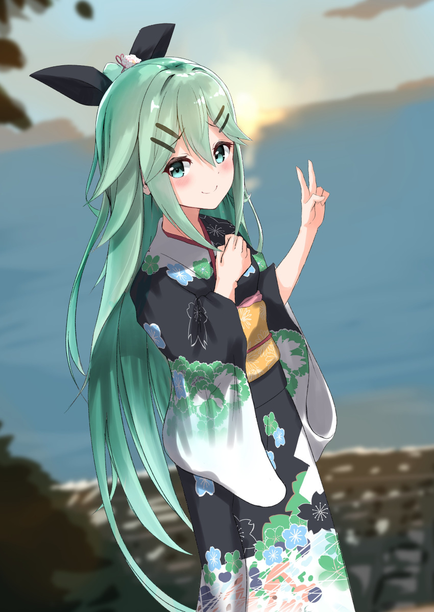 1girl absurdres bangs black_kimono black_ribbon blurry commentary_request depth_of_field floral_print green_eyes green_hair hair_between_eyes hair_ornament hair_ribbon hairclip hand_on_own_chest highres japanese_clothes kantai_collection kimono long_hair morning numarinko ocean outdoors parted_bangs ponytail ribbon sidelocks solo sunrise v yamakaze_(kantai_collection)