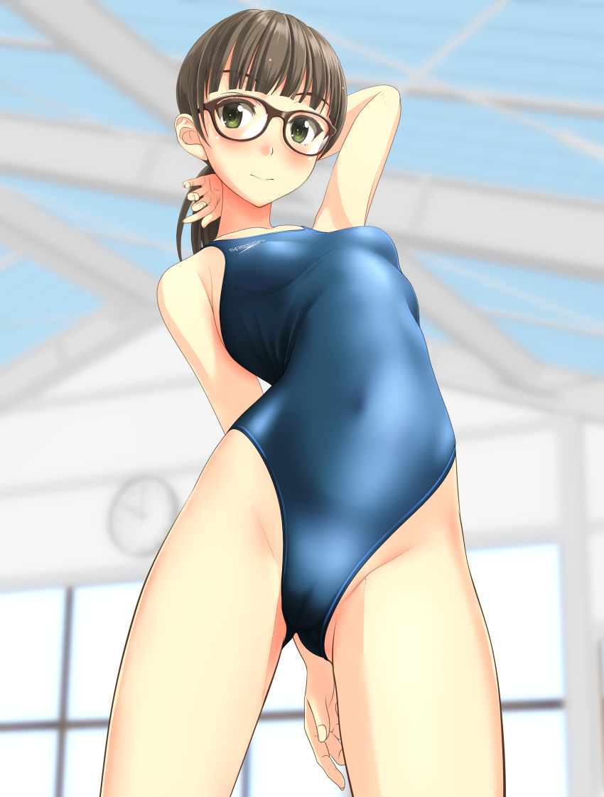 1girl absurdres ass_visible_through_thighs bangs black-framed_eyewear black_hair blue_swimsuit blunt_bangs clock commentary_request competition_swimsuit cowboy_shot from_below glasses green_eyes highres indoors long_hair looking_at_viewer low_ponytail one-piece_swimsuit original solo speedo_(company) swimsuit takafumi window