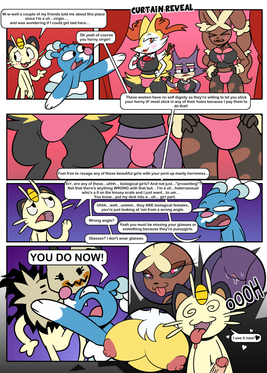 absurd_res anthro balls_in_panties black_body black_eyes black_fur blue_body blush bodily_fluids braixen breasts brionne bulge comic dialogue english_text fake_breasts fangs female frown fur genital_fluids genitals group hi_res humanoid_genitalia humanoid_penis hypnosis lipstick makeup male mega_evolution mega_lopunny meowth mimikyu mind_control nervous nintendo not_a_furfag penis pok&eacute;mon pok&eacute;mon_(species) pupils purple_body purple_fur purple_pupils purrloin pussy pussy_juice scam tan_body tan_fur text tongue tongue_out tuft video_games virgin white_body yellow_body yellow_fur