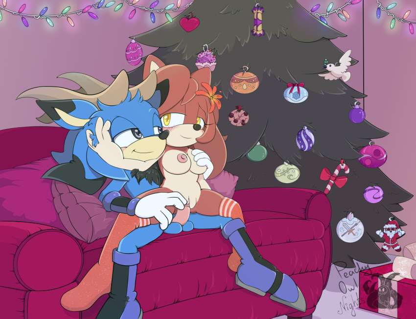 anthro balls blue_body blush breast_grab breasts brown_body cervid chair_position christmas clothing detailed_background digital_media_(artwork) duo erection eulipotyphlan face_grab female female_penetrated from_behind_position furniture genitals hand_on_breast hedgehog hi_res holidays horn legwear love male male/female male_penetrating male_penetrating_female mammal nipples nude peachyowlnights penetration penis plant pussy sex smile sofa sonic_the_hedgehog_(series) spread_legs spreading stockings tree vaginal